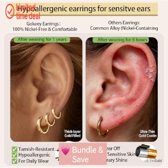 Small 14K Gold Plated Huggie Hoop Earrings Hypoallergenic Lightweight - Picture 7 of 8